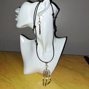 Dreamcatcher Pendant & Earrings with Crystal Quartz on Adjustable Leather Cord